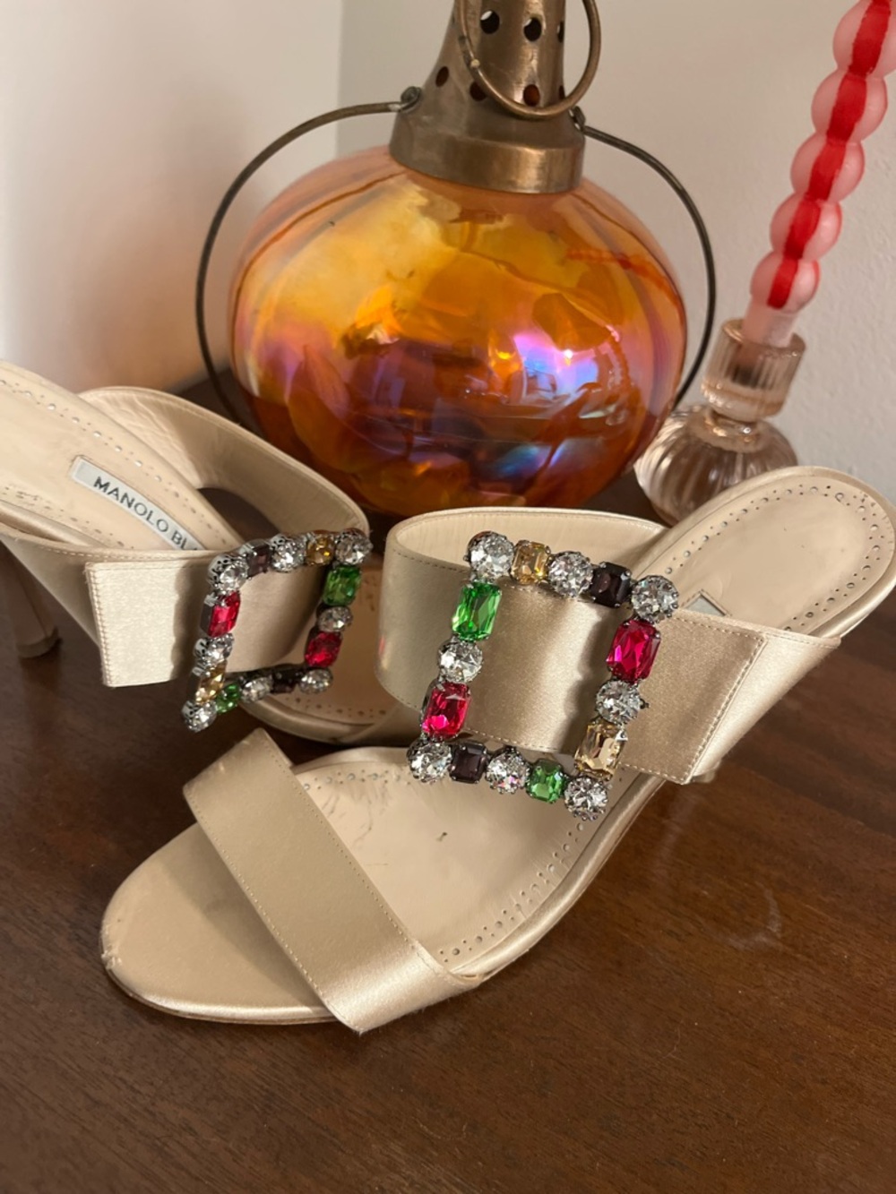 Manolo Blahnik Gold Satin Jewel Buckle Mules